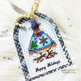 Gift tag with the sweatered hen and 'Happy Holidays' on plaid.