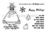 Line-art red rubber stamp sheet of a fluffy hen in a winter sweater with a snowflake, pumpkin and tree, 'you, my friend, are a clucking delight' and 'Happy Holidays.'