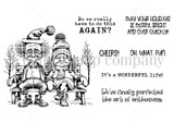 Black-and-white stamp set of a grumpy old couple on a bench in Santa hats, with snarky lines: 'Do we really have to do this again?', 'May your holidays be merry, bright and over quickly,' and 'Oh. What. Fun.'