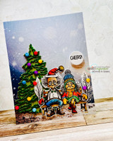 Card with the old couple beside a Christmas tree: 'Cheers!'