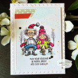 Card with the old couple on a bench and 'May your holidays be merry, bright and over quickly.'