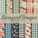 6x6 paper pack of farmhouse papers - gingham, roosters and country florals - titled Barnyard Bouquet.