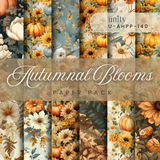 6x6 paper pack of autumn floral and pumpkin papers in gold and slate blue, titled Autumnal Blooms.