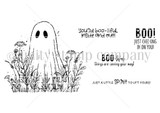 The Ghostly Meadows red rubber stamp set shown as line art: a cute ghost in a wildflower meadow with 'boo-tiful' sentiments, by Angie Blom and Lisa Arana.