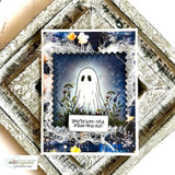 Ghostly Meadows card, the friendly ghost and wildflowers set against a moody purple or black background, 'BOO-tiful things are coming your way'.