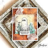 Handmade Halloween card with a sweet little ghost rising from a meadow of wildflowers, sentiment 'You're boo-tiful inside and out'.