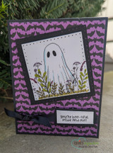 Ghostly Meadows card, the friendly ghost and wildflowers set against a moody purple or black background, 'BOO-tiful things are coming your way'.