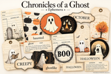Chronicles of a Ghost ephemera cover sheet: vintage style tags, journal cards and word labels in cream, rust and black, with a big BOO circle, little round ghosts, pumpkins and an autumn tree.