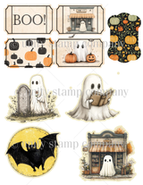 Ephemera cut-aparts — cute ghosts, jack-o'-lanterns and 'BOO!' labels in orange and black.