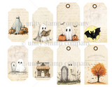 Vintage tags featuring ghosts, pumpkins and haunted houses on aged cream paper.