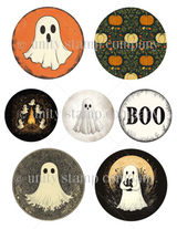 Round ghost ephemera stickers — smiling ghosts and 'BOO' badges in orange, black and cream.