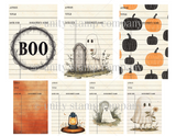 Journaling cards and library pockets with ghosts, pumpkins and a bold 'BOO' stamp.