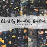 Ghostly Moonlit Gardens 6x6 paper pack cover showing moody dark floral prints with delicate wildflowers on black backgrounds