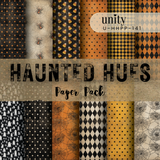 6x6 paper pack of Halloween papers in orange, black and cream - harlequin, spiders and polka dots - titled Haunted Hues.