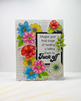 Card with the Final Stage blooms colored in red, blue, yellow and pink down the left side, the sentiment stamped on a black panel at the right.
