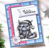 A handmade card featuring a wonderfully grumpy, fluffy cat in a Santa-and-reindeer hat from Unity Stamp Co's Ho Ho No Pissy Kitty red rubber stamp set, with the sentiment 'No one told me I had to be nice'.