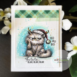 A stamped card showcasing a wonderfully grumpy, fluffy cat in a Santa-and-reindeer hat from Unity Stamp Co's Ho Ho No Pissy Kitty red rubber stamp set, with the sentiment 'Ho Ho No'.