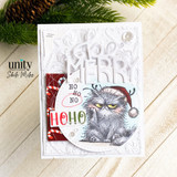A colored card featuring a wonderfully grumpy, fluffy cat in a Santa-and-reindeer hat from Unity Stamp Co's Ho Ho No Pissy Kitty red rubber stamp set, with the sentiment 'Let's pretend this card has warm & fuzzy holiday wishes'.