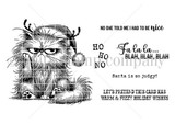 The Ho Ho No Pissy Kitty red rubber stamp set from Unity Stamp Co - a wonderfully grumpy, fluffy cat in a Santa-and-reindeer hat, with sentiments including: No one told me I had to be nice; Fa la la... blah, blah, blah; Ho Ho No.
