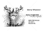 Unity Stamp Co red rubber stamp set by Lisa Arana showing a grumpy long-haired cat in reindeer antlers and a party hat, with sentiments 'Merry Whatever' and 'Deck the halls, or don't, whatever.'