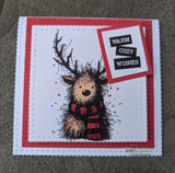 Red card with the colored deer in a red scarf and "WARM COZY WISHES"