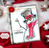 A card project showing a top-hatted snowman in a scarf, paired with the greeting "Sending Christmas smiles."
