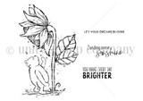 Black-and-white Winnie the Pooh: A Brighter Day stamp set by Angie Blom: Pooh looking up at a sunflower, 'You make every day BRIGHTER.'