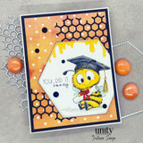 Card layered on Fall Watercolor Splendor orange honeycomb paper, with a hand-colored graduate bee in a mortarboard on a white hexagon panel and navy die-cut frames.