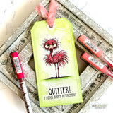 Green gift tag with the pink-and-purple colored flamingo, captioned 'Quitter! I mean, Happy Retirement.'