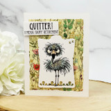 Floral card with the black-stamped flamingo over botanical patterned paper, captioned 'Quitter! I mean, Happy Retirement.'