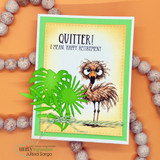 Card with the flamingo colored in soft brown tones and die-cut palm leaves on orange, captioned 'Quitter! I mean, Happy Retirement.'