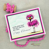 Handmade retirement card featuring the sassy flamingo colored bright pink on a cloud background, framed in pink, captioned 'Kinda rude that you are leaving, but okay. Happy Retirement.'