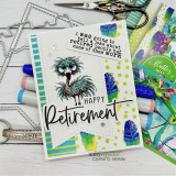 Card with the flamingo colored in teal and green tones and the sentiment 'Happy Retirement.'