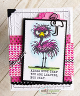 Card with the pink-and-purple flamingo over pink chevron paper, captioned 'Kinda rude that you are leaving, but okay.'
