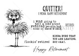 Unity Stamp Co red rubber stamp set by Lisa Arana showing a sassy pink flamingo with retirement sentiments like 'Quitter! I mean, Happy Retirement' and 'Kinda rude that you are leaving, but okay.'