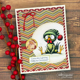 Card with the Santa-hat chicken on red chevron paper, "Guess who's getting COAL for Christmas?", red berries