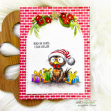 Card with the chicken in a Santa hat among wrapped gifts on red brick paper, "Hold on Santa, I can explain," poinsettias
