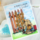 Bright card with the book-reading girl against a sunflower fence and blue sky: 'All you need is a good book & sunshine.'