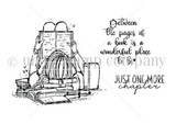 Black-and-white stamp set: a girl seen from behind reading on a stack of books, with 'Just one more chapter' and 'Between the pages of a book is a wonderful place to be.'