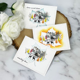 Set of mini cards with the cabin scene on leaves, 'home sweet home' and 'sending love' tags.