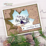 Cork card with the snowy cabin in a maple-leaf die cut and 'sending love' ribbon.