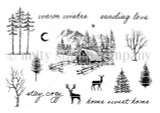 Bitty Forest red rubber stamp sheet: a cabin, deer, pine trees and 'warm wishes', 'sending love', 'stay cozy', 'home sweet home' sentiments