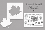 Maple Impressions stamp and stencil bundle promo showing the leaf stencil paired with the woodland stamp set