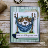 Encouragement card with a peaceful dog resting in a blue hammock and the sentiment, “Wishing you a little peace in your day.”