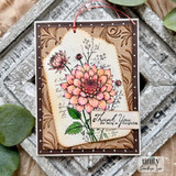 Elegant floral thank you card with a pink dahlia on a vintage-style tag and the sentiment, “Thank You for being so thoughtful.”