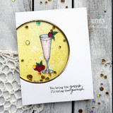 Cocktail-themed shaker card with a raspberry drink, gold sequins, and the sentiment, “You bring the gossip. I’ll bring the garnish.”