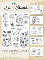 Unity Kit of the Month for July 2026, 'Ahead of the Holiday Herd,' with whimsical Halloween, Christmas, and floral character rubber stamps and the month's coordinating sets.