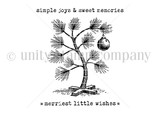 Unity Stamp Co itty bitty red rubber stamp set by Lisa Arana showing a small pine tree with one ornament, with sentiments 'simple joys & sweet memories' and 'merriest little wishes.'