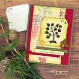 Rustic Christmas card with the pine tree and a red ornament, captioned 'simple joys & sweet memories.'