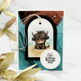 Gift tag featuring the Highland cow on a teal and black background with the sentiment 'life is tough but so are you.'